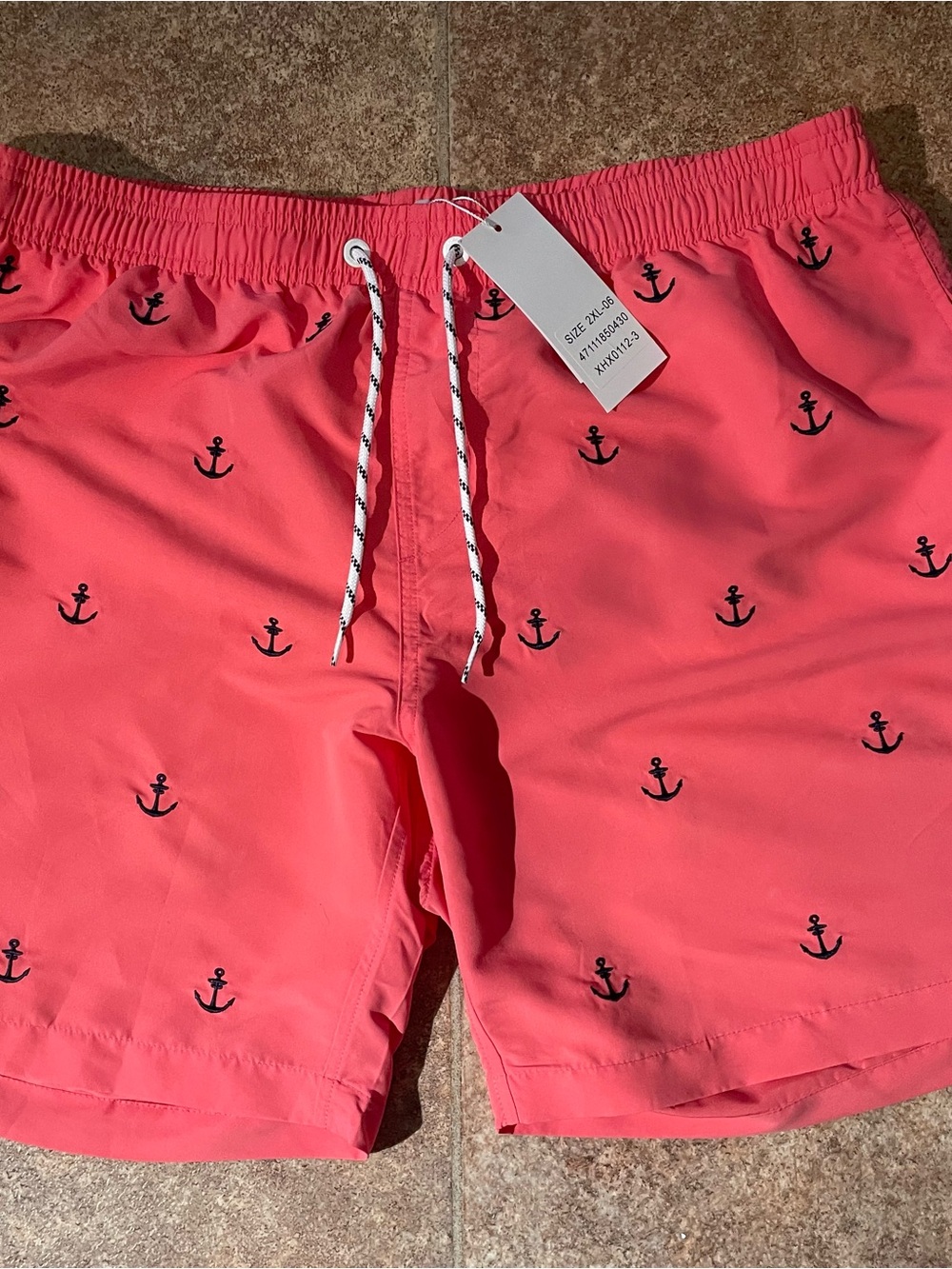 Men's Coral Anchor Print Swim Trunks with Drawstring Waist